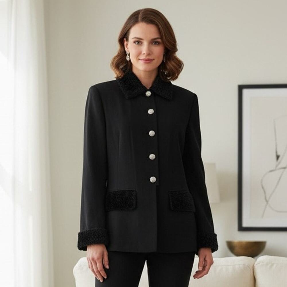 Vintage Caroline Jerard Paris Womens L Black Wool Coat Faux Fur Rhinestone USA